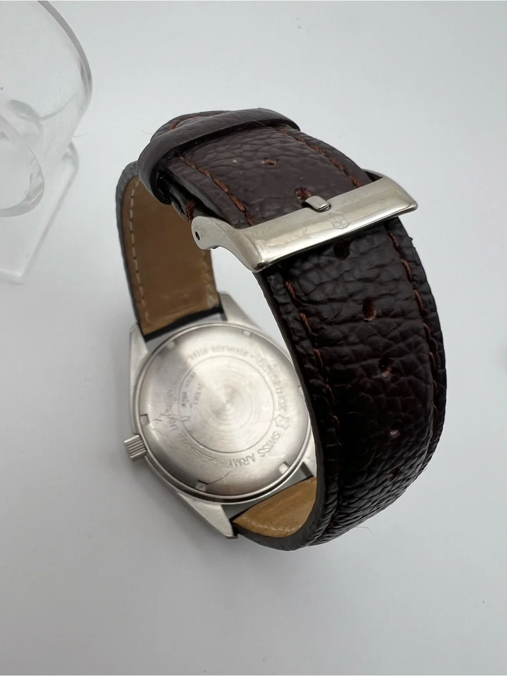 Victorinox Black Dial Watch with Brown Leather Strap and Red Accents